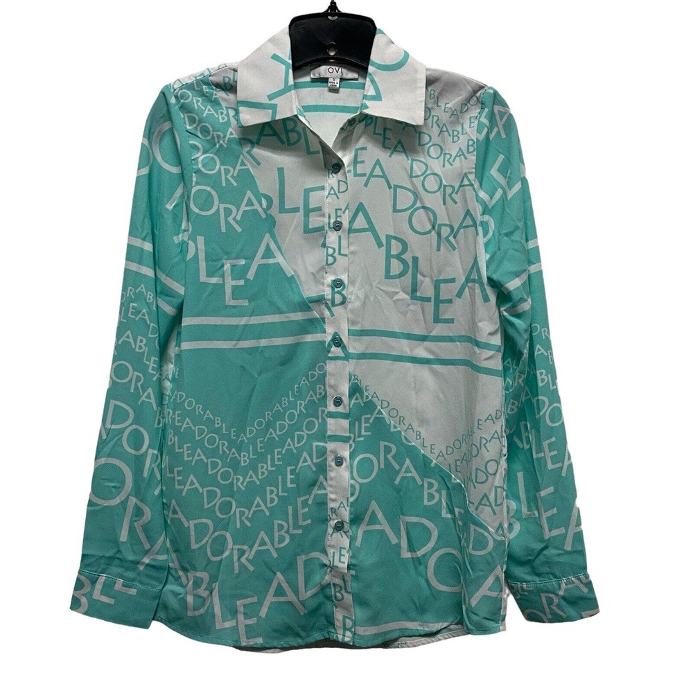 OVI Adrorable Printed Button Down Shirt Womens Size Small White Blue See Through